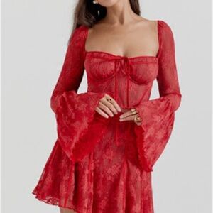 Red Lace Bell Sleeve Dress